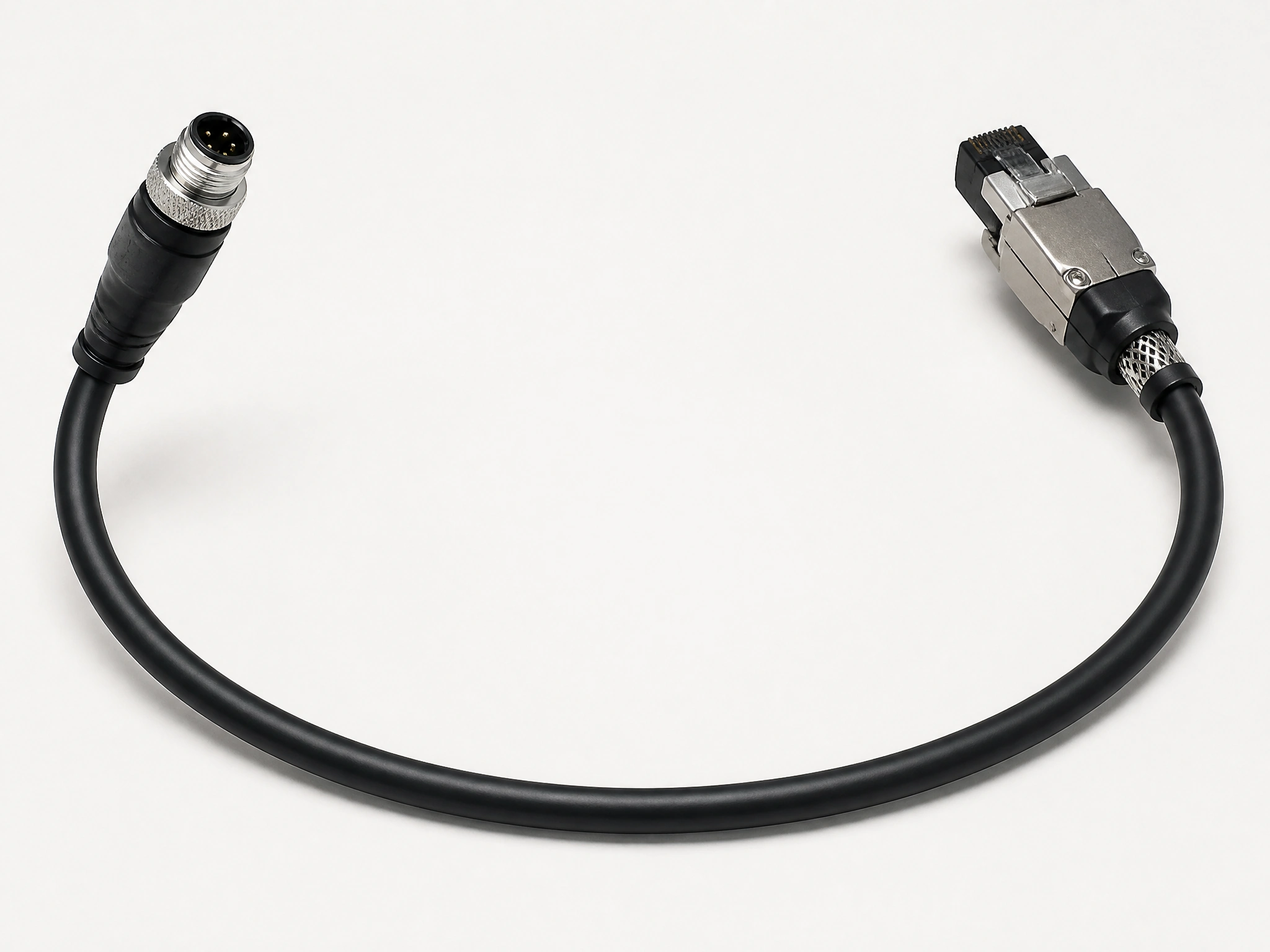 Custom-length industrial Ethernet cable assembly with M12 and RJ45 connectors