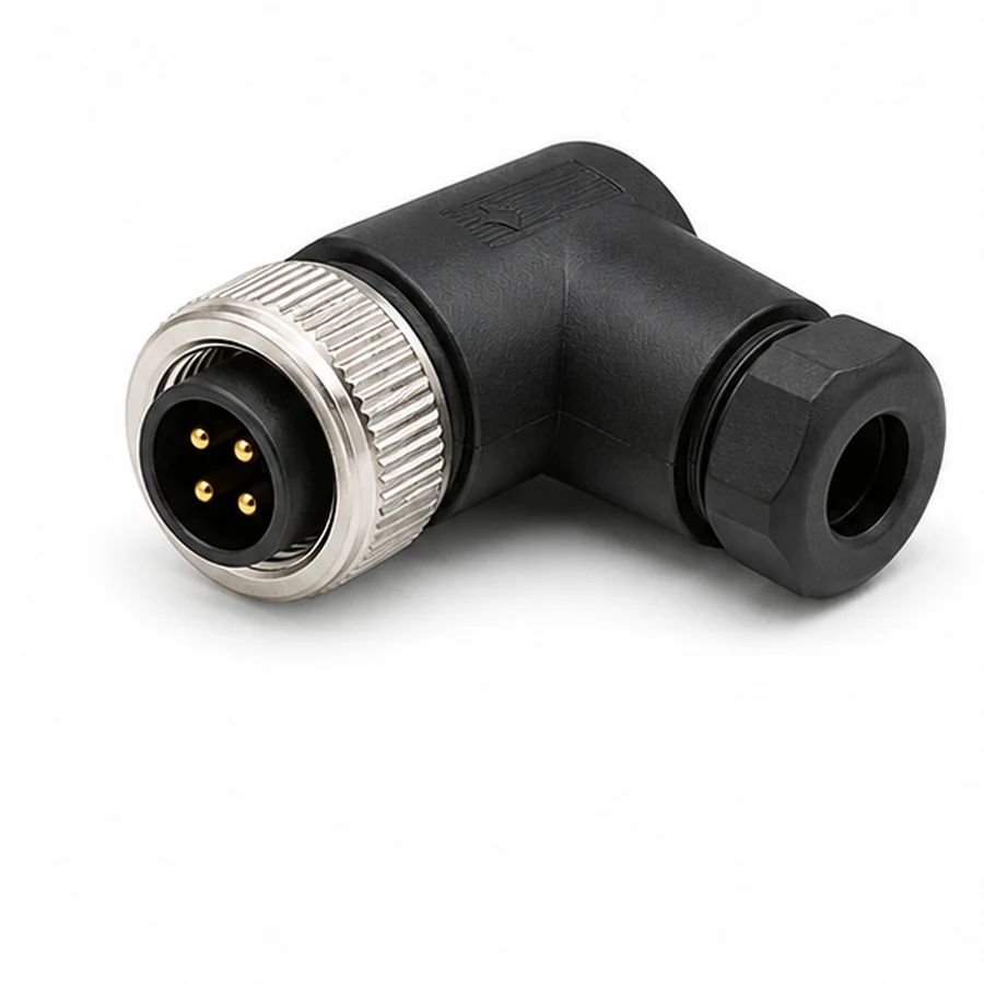 M12 4-pin male angled connector for molded sensor cable assembly
