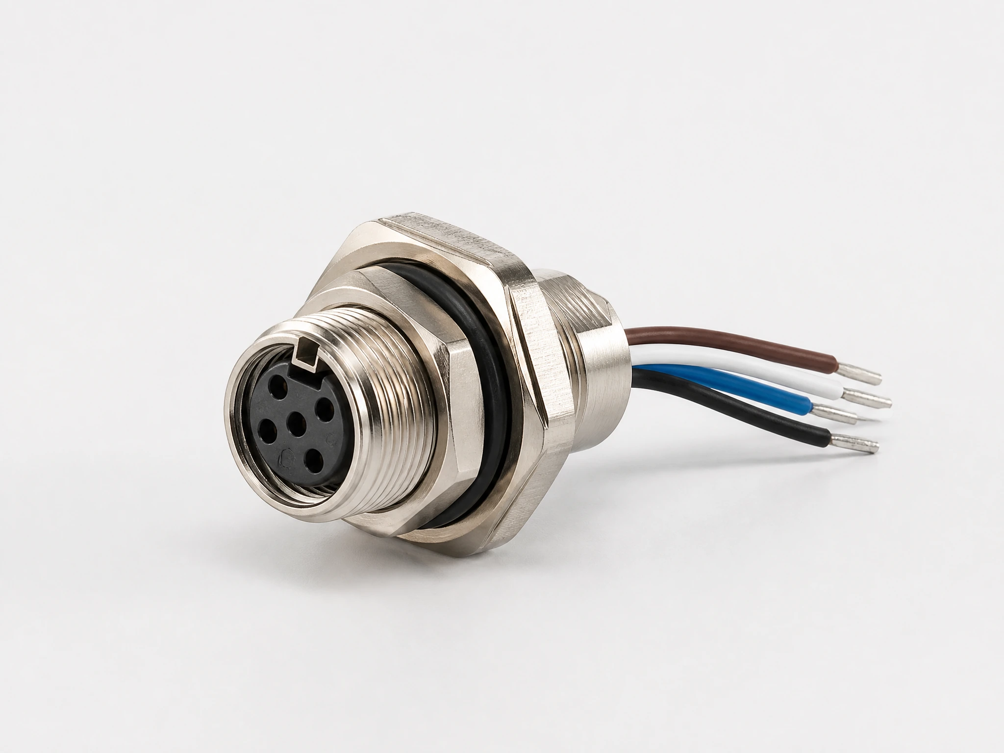 M12 panel receptacle with flying leads